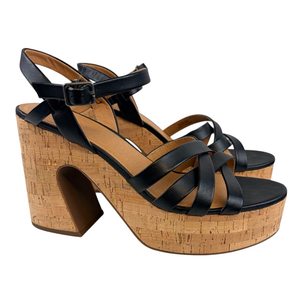 Crown Vintage Millia Black Leather Cork Platform Sandals Block Heel Size 8.5